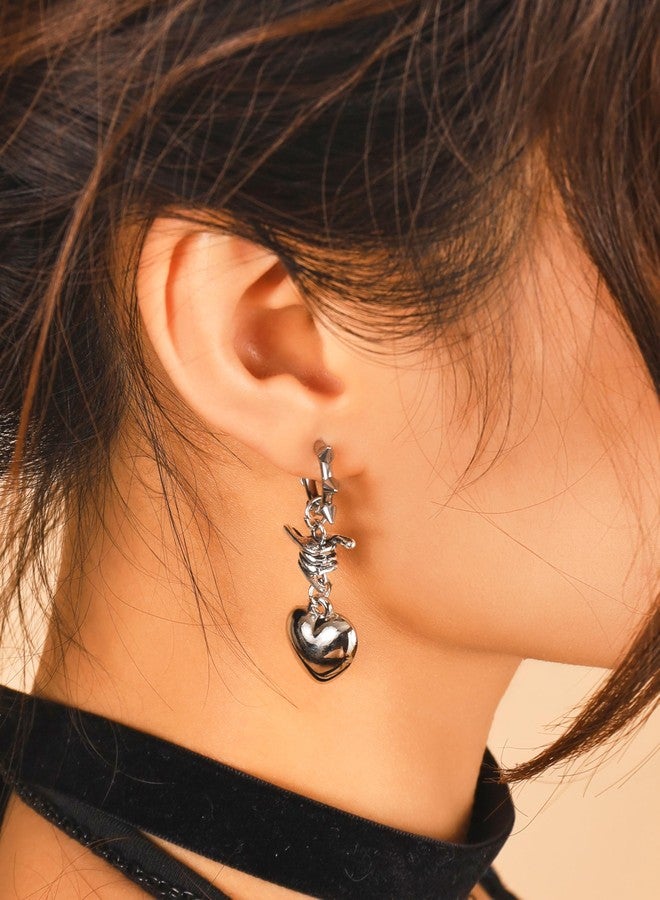 Sacina Silver-tone Spiked Barbed Wire Heart Hoop Earrings, Gothic Emo Punk Grunge Y2k Earrings, Goth Jewelry, Christmas Jewelry Gift for Women - Image 3