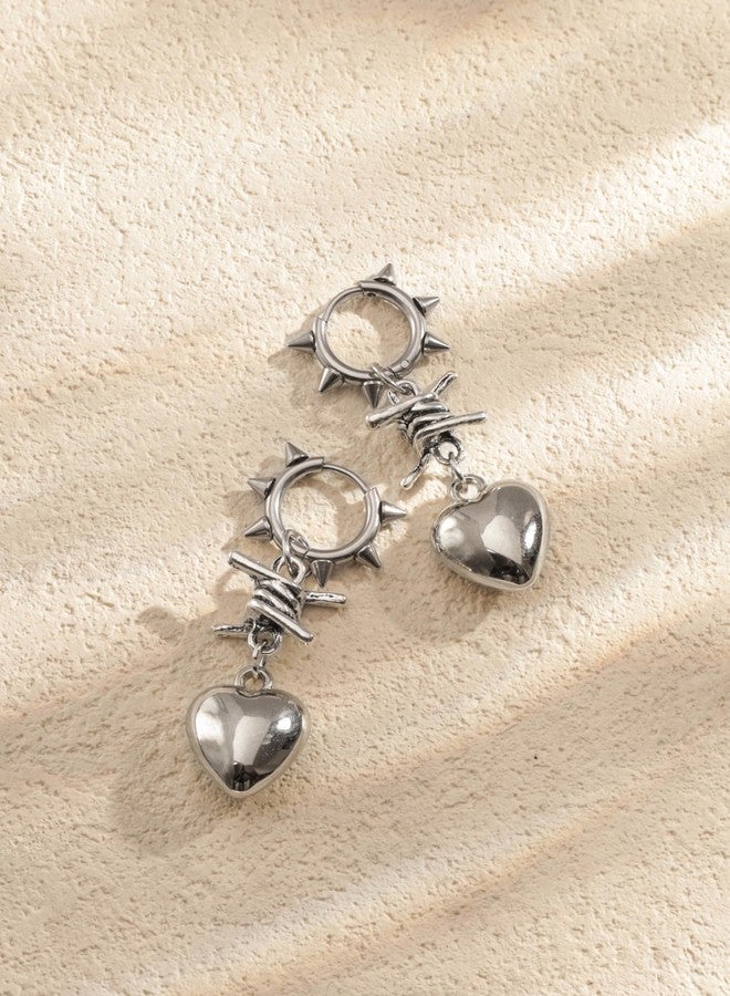 Sacina Silver-tone Spiked Barbed Wire Heart Hoop Earrings, Gothic Emo Punk Grunge Y2k Earrings, Goth Jewelry, Christmas Jewelry Gift for Women - Image 5