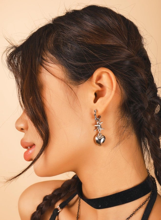 Sacina Silver-tone Spiked Barbed Wire Heart Hoop Earrings, Gothic Emo Punk Grunge Y2k Earrings, Goth Jewelry, Christmas Jewelry Gift for Women - Image 2