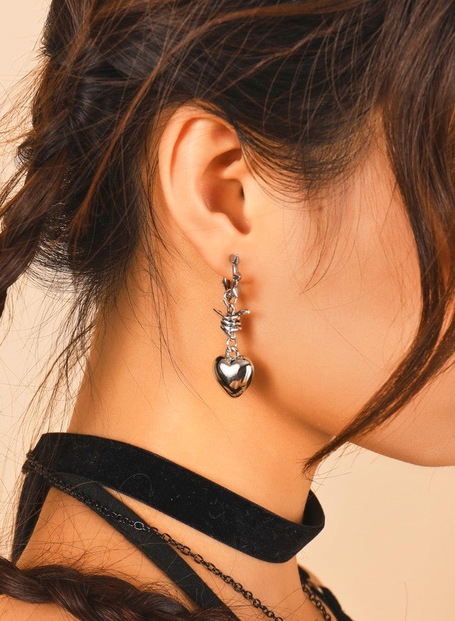 Sacina Silver-tone Spiked Barbed Wire Heart Hoop Earrings, Gothic Emo Punk Grunge Y2k Earrings, Goth Jewelry, Christmas Jewelry Gift for Women - Image 4