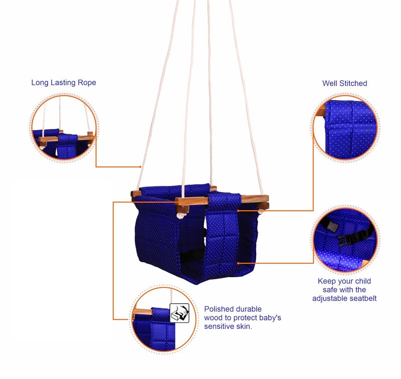 ASHISH Swing for Baby and Kids - Indoor/Outdoor Jhula, Cradle for 8-36 Months, Height 114" Length 8.5"Cm, Cotton and Wood Material (Blue) - Image 5