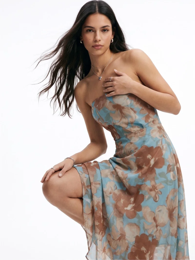 Outzidr  Blue Tube Printed Mesh Mini Dress With Pearl Studs for Women | Best Price UAE