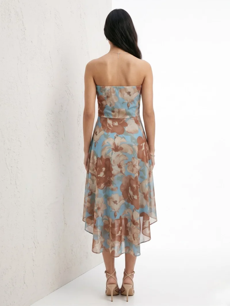 Outzidr  Blue Tube Printed Mesh Mini Dress With Pearl Studs for Women | Best Price UAE