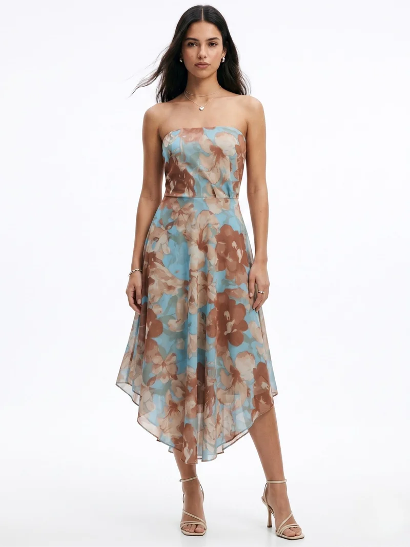 أوجيدر Blue Tube Printed Mesh Mini Dress With Pearl Studs