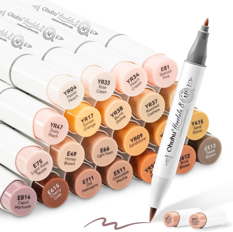 Ohuhu Skin Tone Alcohol Markers Brush Tip - 24 Portrait Color Marker Set for Artists - Image 1