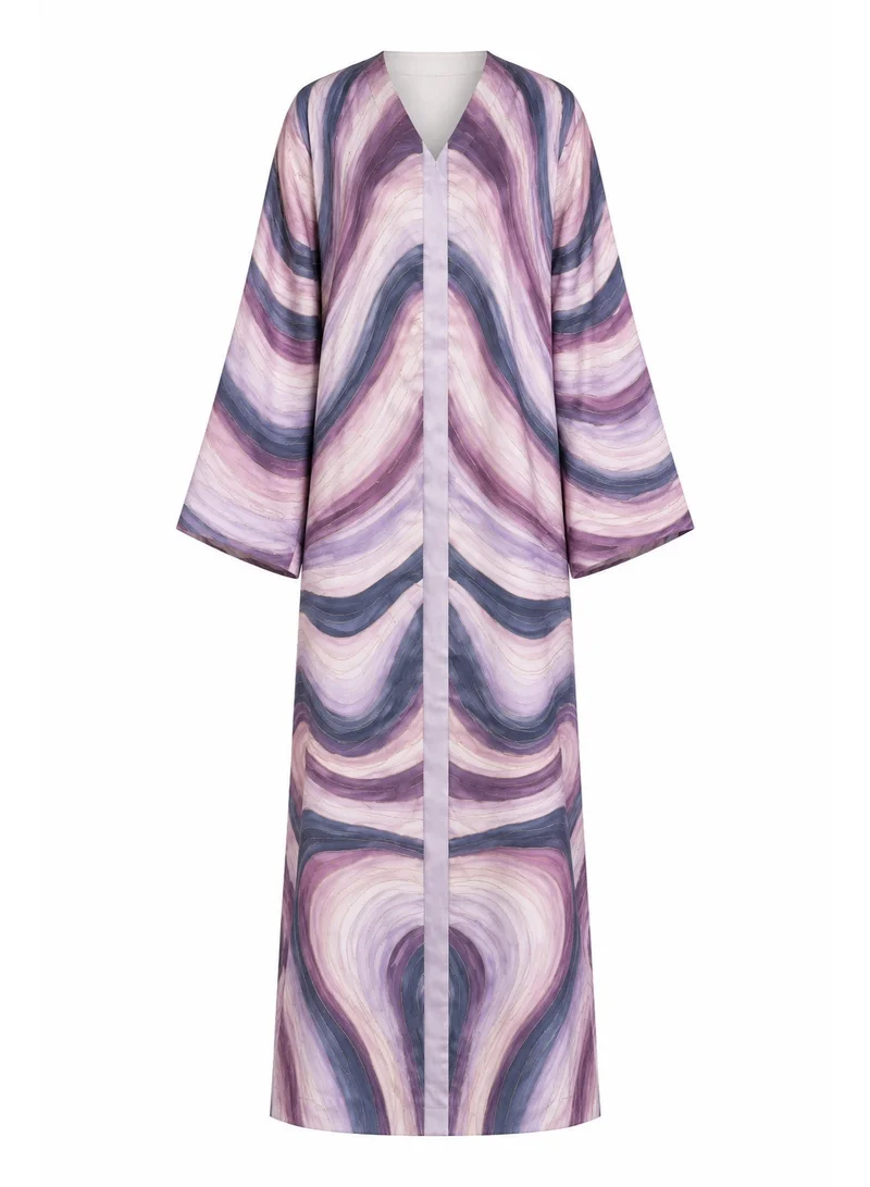 Amethyst Aura Silk Abaya with Abstract Marble Print, Lavender & Navy