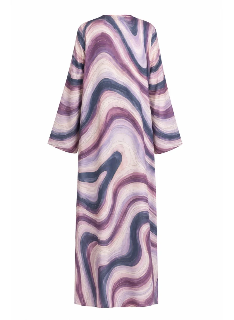 Amnad International Amethyst Aura Silk Abaya with Abstract Marble Print, Lavender & Navy