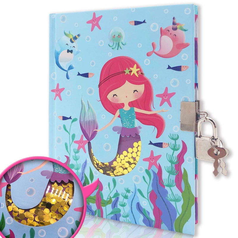 GINMLYDA Girls Diary with Lock for Kids, Mermaid Diaries 7.1x5.3 160 Pages Cute Secret Notebook for Girls Journal with Lock & Key for Little Kids Writing Drawing Gift for Girls Age 5-10 Years Old - Image 1