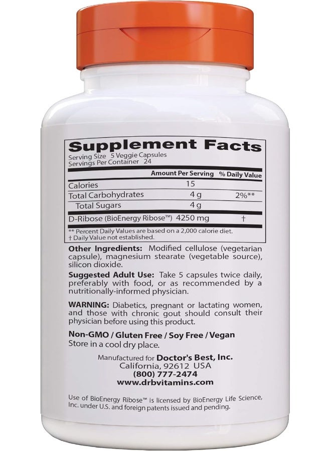 Doctor's Best D-Ribose with Bioenergy Ribose, Vegan, Energy Enhancement, 120 Veggie Caps, White (DRB-00193) - Image 2