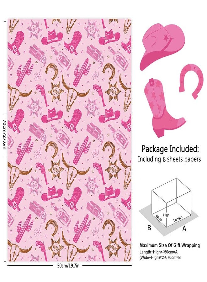 Boerni Western Wrapping Paper Cowgirl Boots Horseshoe Bull Cactus Wild West-theme Pink Gift Wrap Paper, 8 Pieces Folded Flat Art Paper for Girls Cowboy Birthday Wedding Baby Shower DIY Crafts Gift Packing - Image 2