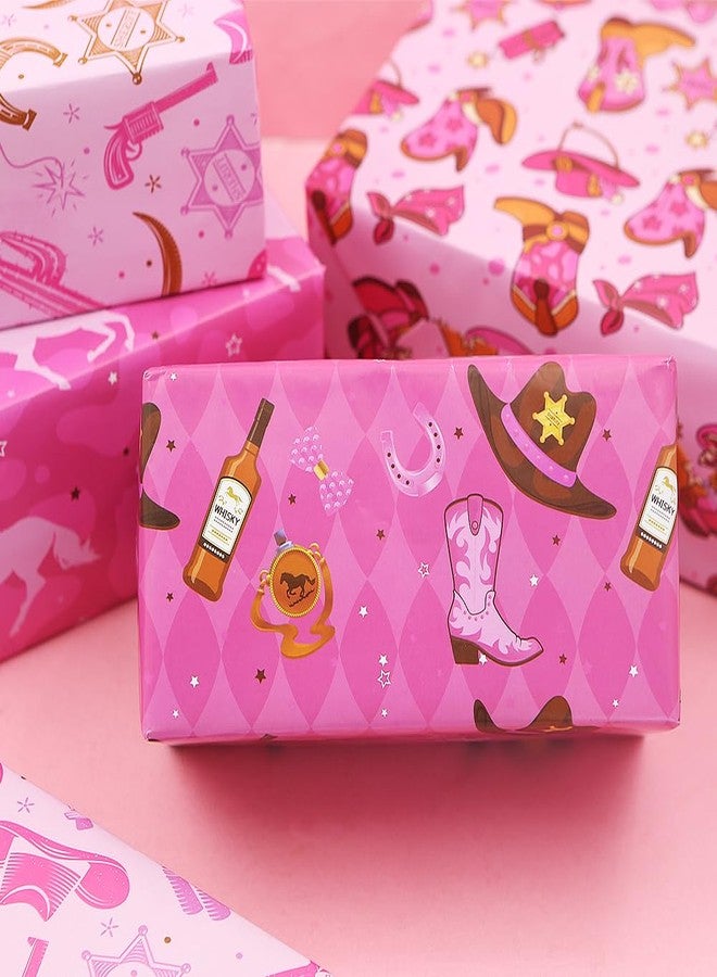 Boerni Western Wrapping Paper Cowgirl Boots Horseshoe Bull Cactus Wild West-theme Pink Gift Wrap Paper, 8 Pieces Folded Flat Art Paper for Girls Cowboy Birthday Wedding Baby Shower DIY Crafts Gift Packing - Image 4