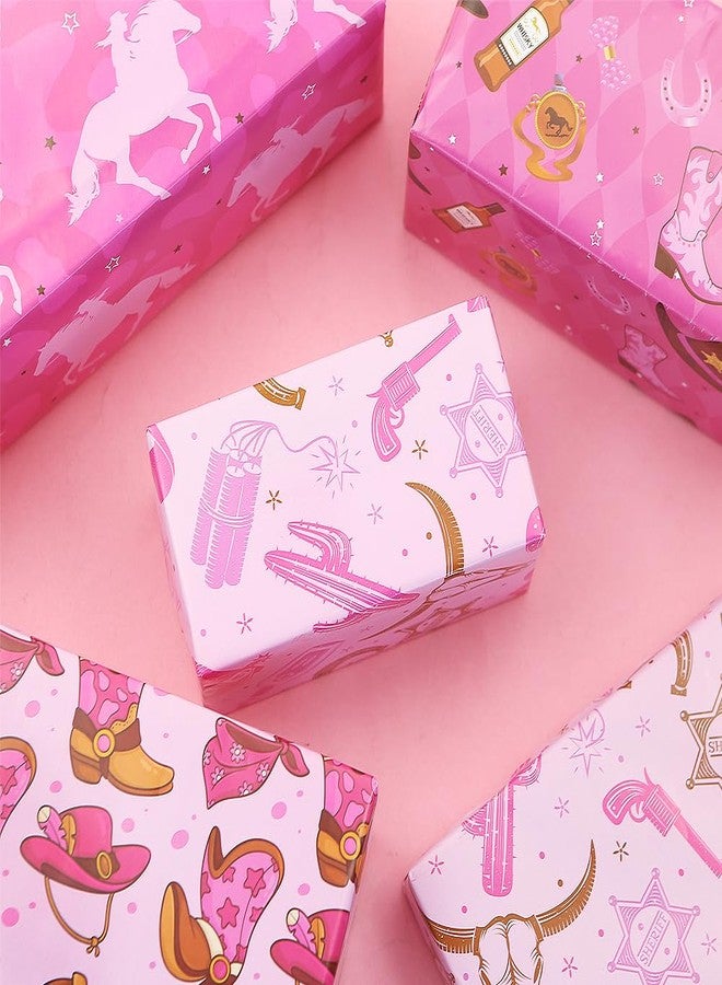 Boerni Western Wrapping Paper Cowgirl Boots Horseshoe Bull Cactus Wild West-theme Pink Gift Wrap Paper, 8 Pieces Folded Flat Art Paper for Girls Cowboy Birthday Wedding Baby Shower DIY Crafts Gift Packing - Image 5