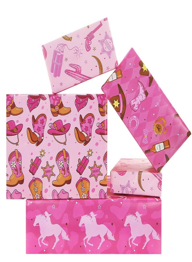 Boerni Western Wrapping Paper Cowgirl Boots Horseshoe Bull Cactus Wild West-theme Pink Gift Wrap Paper, 8 Pieces Folded Flat Art Paper for Girls Cowboy Birthday Wedding Baby Shower DIY Crafts Gift Packing - Image 1