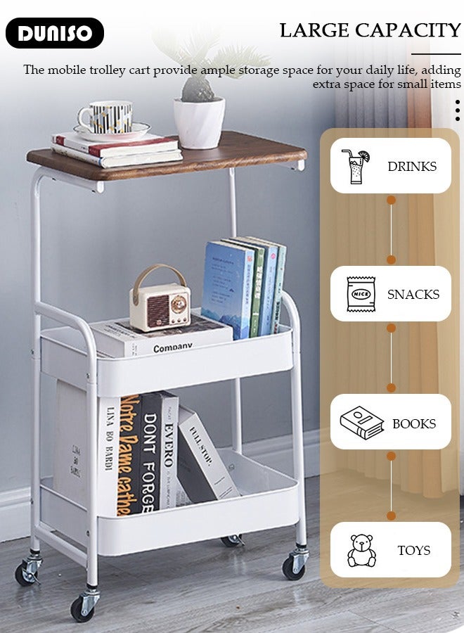 DUNISO 3-Tier Rolling Utility Cart,Rolling Storage Cart with Wooden Tabletop,Trolley Kitchen Organizer Rolling Desk with Locking Wheels for Kitchen,Bathroom,Living Room,Office  - Image 3