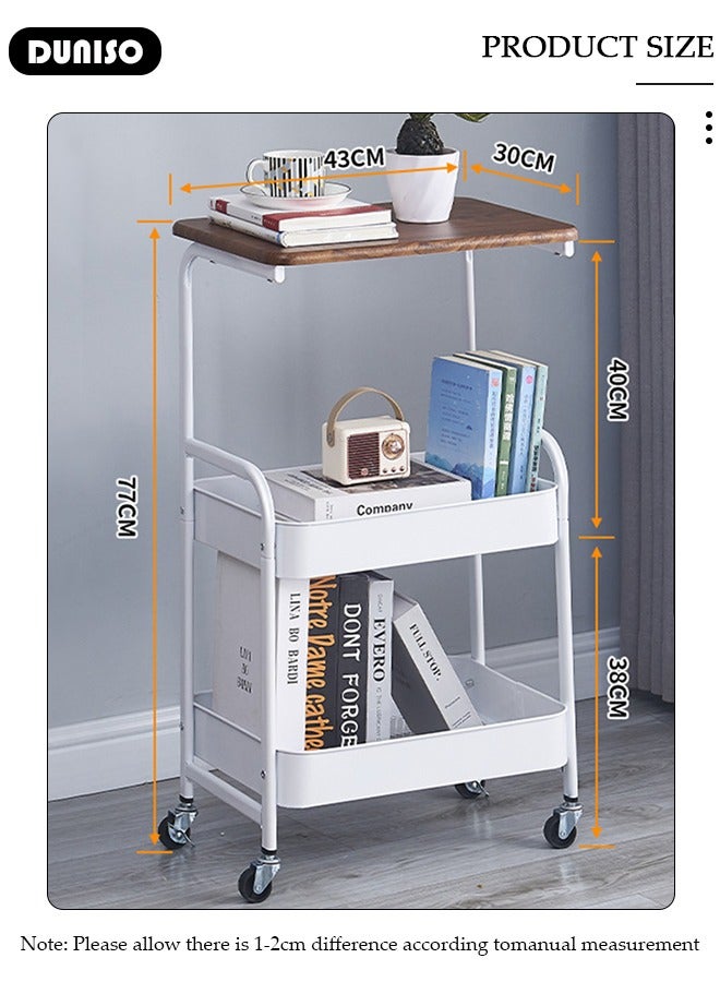 DUNISO 3-Tier Rolling Utility Cart,Rolling Storage Cart with Wooden Tabletop,Trolley Kitchen Organizer Rolling Desk with Locking Wheels for Kitchen,Bathroom,Living Room,Office  - Image 2