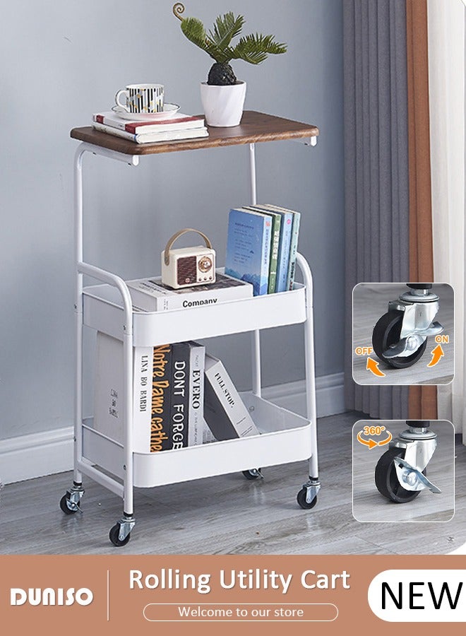 DUNISO 3-Tier Rolling Utility Cart,Rolling Storage Cart with Wooden Tabletop,Trolley Kitchen Organizer Rolling Desk with Locking Wheels for Kitchen,Bathroom,Living Room,Office  - Image 1