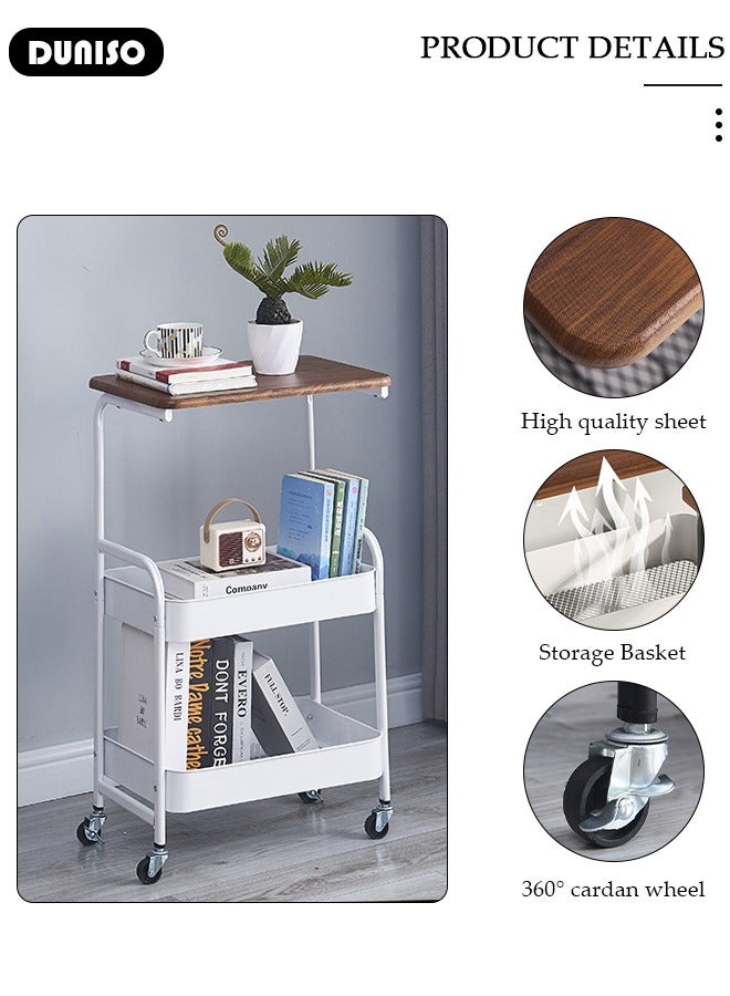 DUNISO 3-Tier Rolling Utility Cart,Rolling Storage Cart with Wooden Tabletop,Trolley Kitchen Organizer Rolling Desk with Locking Wheels for Kitchen,Bathroom,Living Room,Office  - Image 4