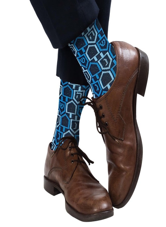 Rite Lite Hanukkah Dreidel Socks | Adult Crew Sock Fits Shoe Size 8-12 Blue Chanukah Cozy Cotton Socks Jewish Holiday Party Favors Accessories Decorations Gifts Festival of Lights (Dreidels) - Image 3