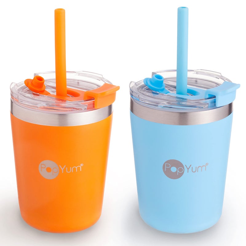 PopYum 9oz Insulated Stainless Steel Kidsâ€™ Cups with Lid and Straw, 2-Pack, Orange, Blue, stackable, sippy, baby, child, toddler, tumbler, double wall, vacuum, leak proof - Image 1