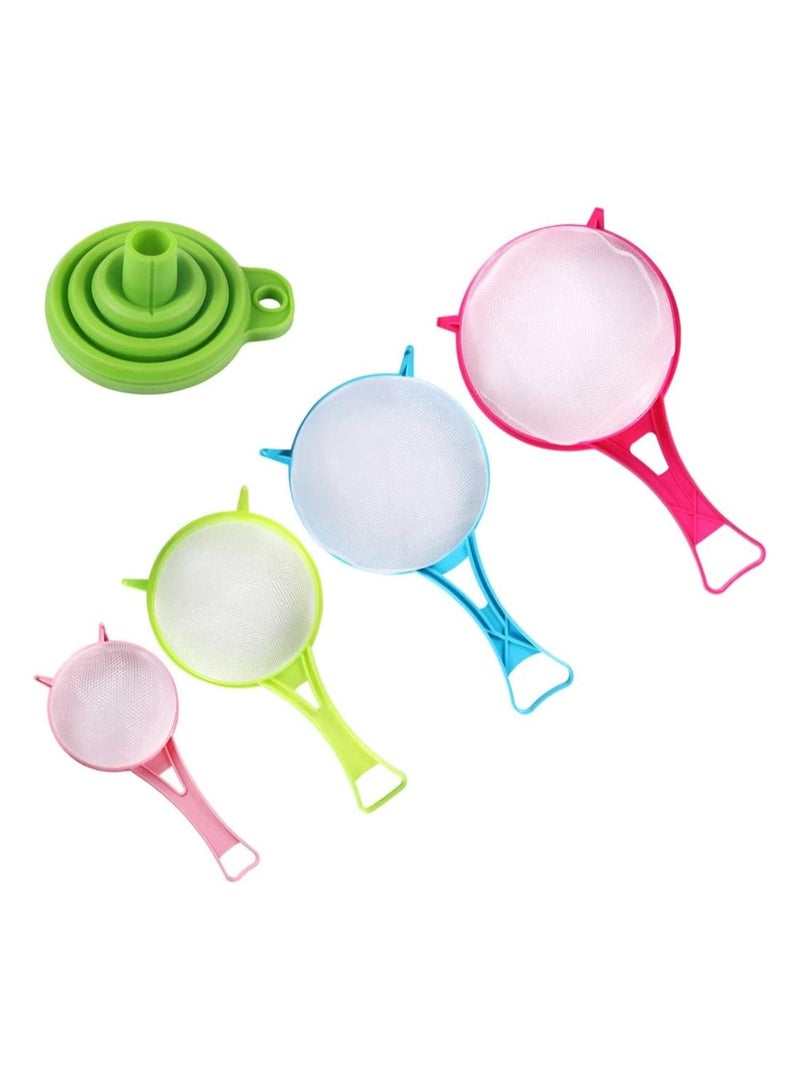 Bukela Plastic Mesh Strainer Colander Set, Food Soy Milk Flour Sieve Plastic Colander Strainer with Long Handle Icing Sugar Sifters Fine Strainer Tea Filter and Silicone Foldable Funnel, 4Pcs, Random Color - Image 1