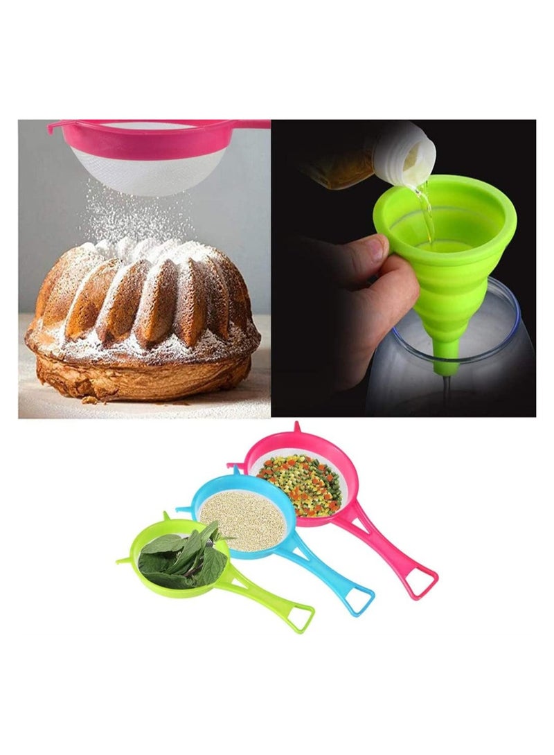 Bukela Plastic Mesh Strainer Colander Set, Food Soy Milk Flour Sieve Plastic Colander Strainer with Long Handle Icing Sugar Sifters Fine Strainer Tea Filter and Silicone Foldable Funnel, 4Pcs, Random Color - Image 2