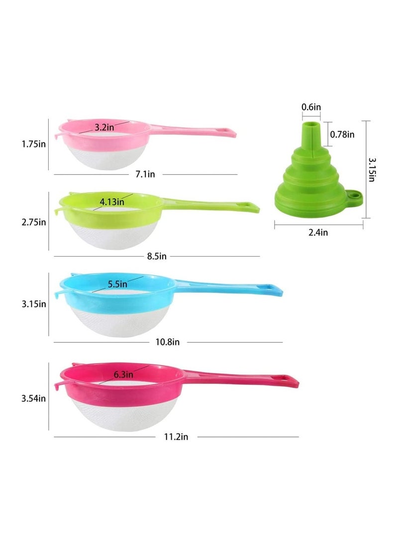 Bukela Plastic Mesh Strainer Colander Set, Food Soy Milk Flour Sieve Plastic Colander Strainer with Long Handle Icing Sugar Sifters Fine Strainer Tea Filter and Silicone Foldable Funnel, 4Pcs, Random Color - Image 4