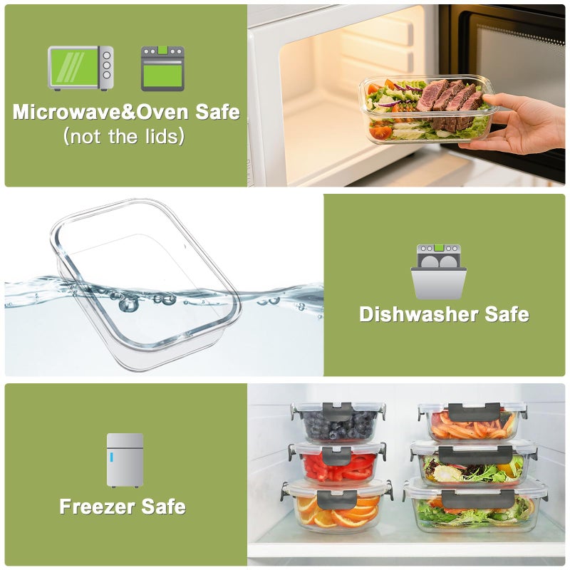 BAYZZ 24 Piece Glass Food Storage Containers with Lids, Airtight Glass Meal Prep Containers for Kitchen, BPA-Free Lunch Box, Microwave and Freezer Safe - Image 3