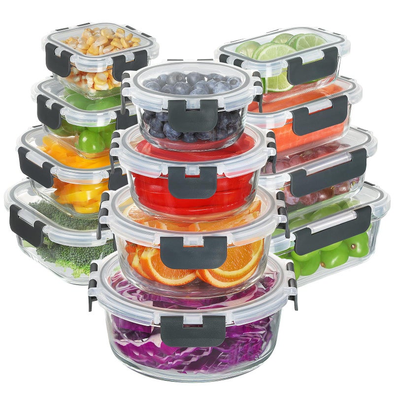 BAYZZ 24 Piece Glass Food Storage Containers with Lids, Airtight Glass Meal Prep Containers for Kitchen, BPA-Free Lunch Box, Microwave and Freezer Safe - Image 1