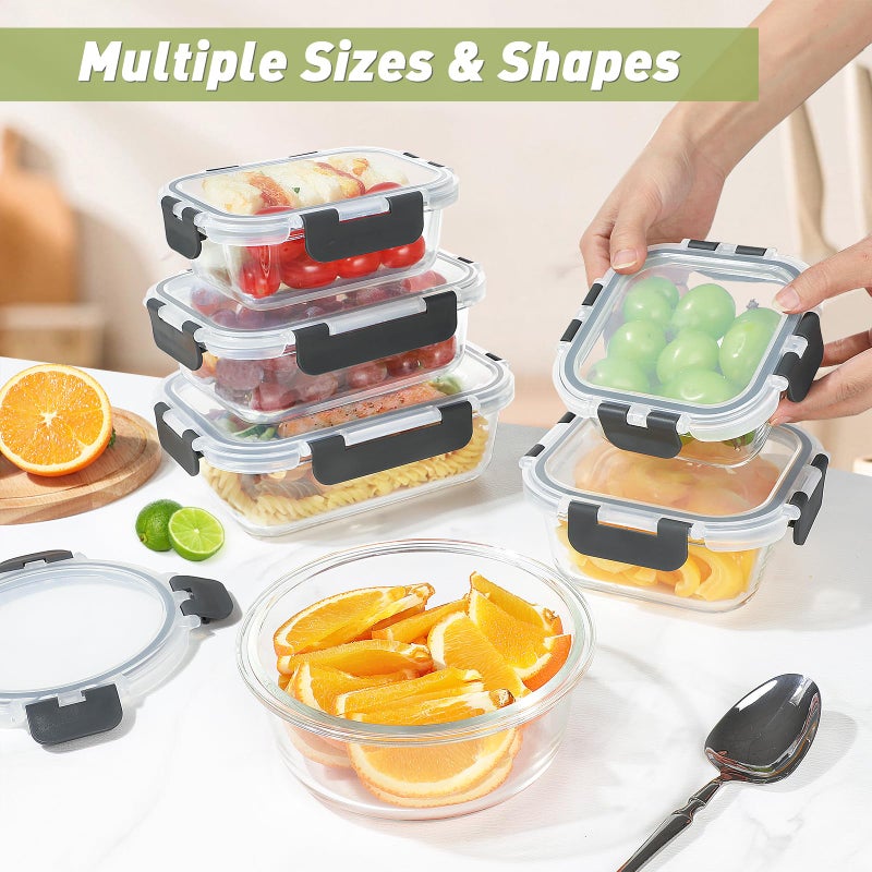 BAYZZ 24 Piece Glass Food Storage Containers with Lids, Airtight Glass Meal Prep Containers for Kitchen, BPA-Free Lunch Box, Microwave and Freezer Safe - Image 5