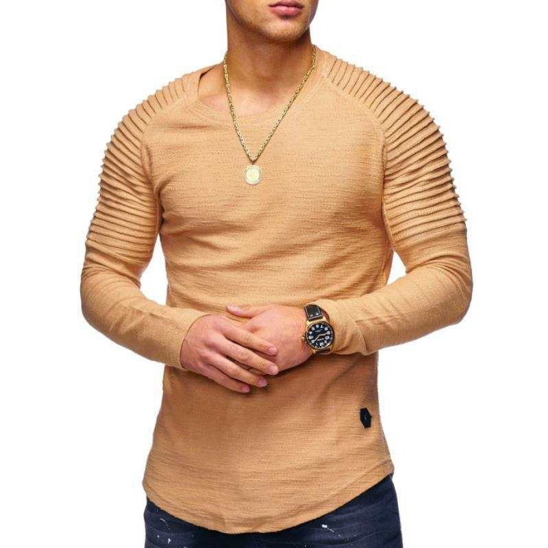Men's T-Shirt Solid Color Round Neck Slim Long Sleeve T-Shirt Fashionable Pleated Men's Sports Raglan Sleeve T-Shirt - Image 1