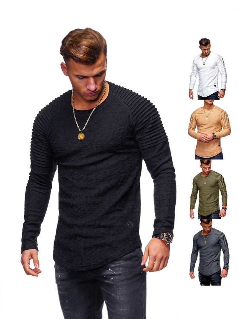 Men's T-Shirt Solid Color Round Neck Slim Long Sleeve T-Shirt Fashionable Pleated Men's Sports Raglan Sleeve T-Shirt - Image 3