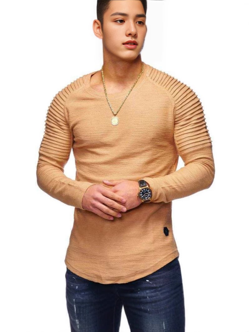 Men's T-Shirt Solid Color Round Neck Slim Long Sleeve T-Shirt Fashionable Pleated Men's Sports Raglan Sleeve T-Shirt - Image 2
