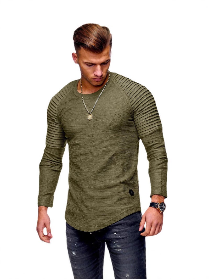 Men's T-Shirt Solid Color Round Neck Slim Long Sleeve T-Shirt Fashionable Pleated Men's Sports Raglan Sleeve T-Shirt - Image 5