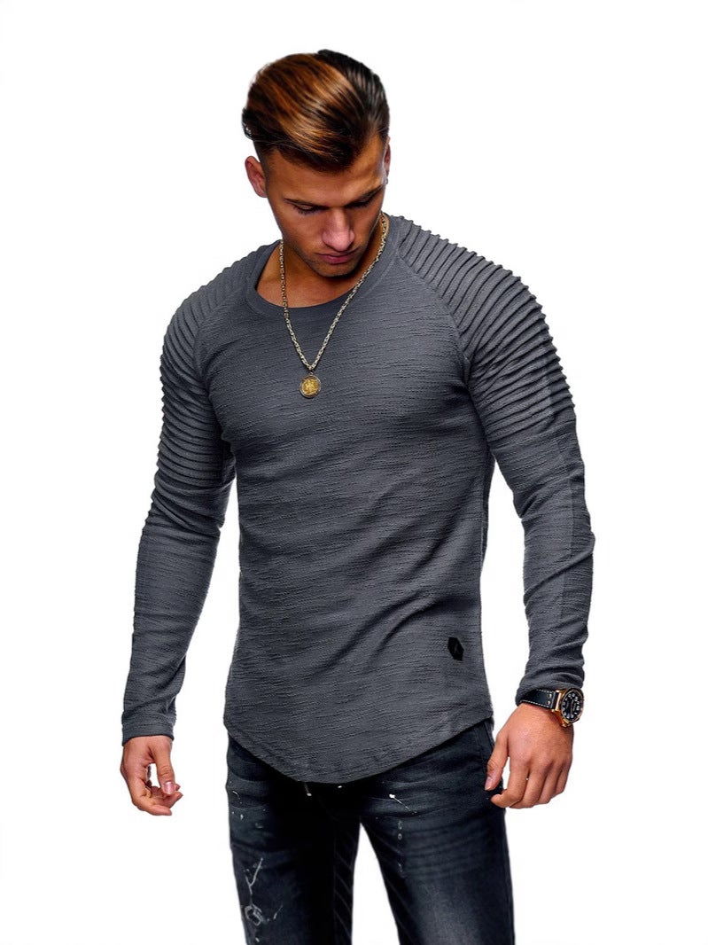 Men's T-Shirt Solid Color Round Neck Slim Long Sleeve T-Shirt Fashionable Pleated Men's Sports Raglan Sleeve T-Shirt - Image 4