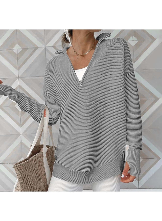 NIBEMINENT Women's Long-sleeved Half-zipper V-neck Casual Ribbed Knitted Sweater Women's Jumper - Image 2