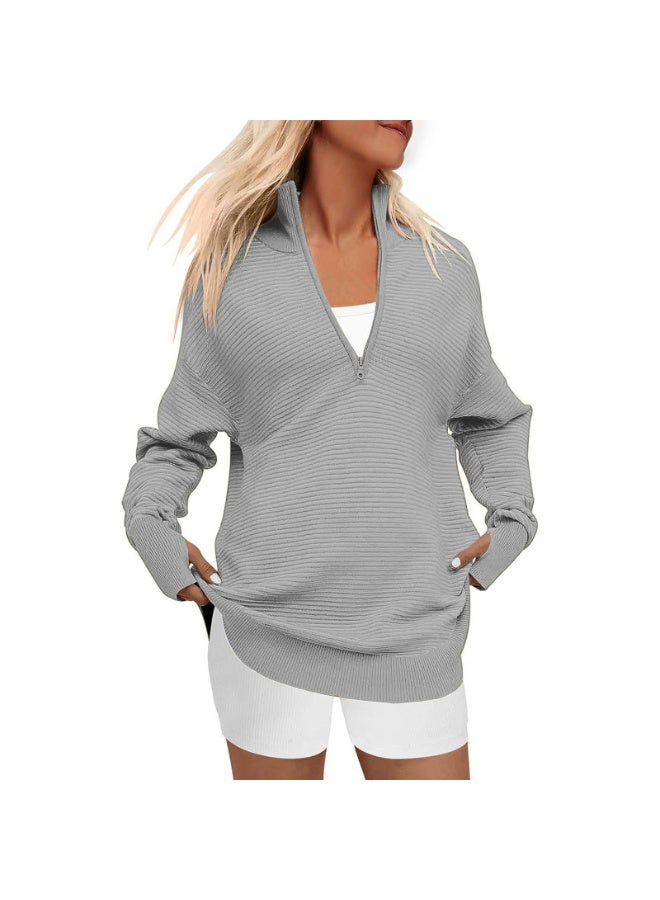 NIBEMINENT Women's Long-sleeved Half-zipper V-neck Casual Ribbed Knitted Sweater Women's Jumper - Image 1
