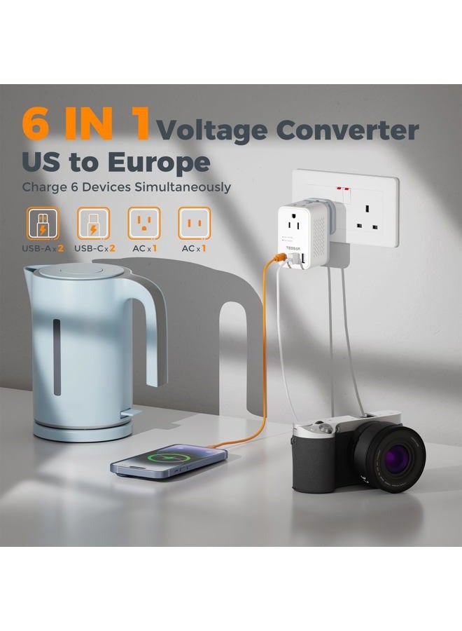 TESSAN 220 to 110 Voltage Converter US to Europe, International Travel Power Adapter with 4 USB Ports(2 USB C), 2 AC and EU/UK/AU Plug Universal Power Converter Adapter Combo, Step Down Transformer - Image 4