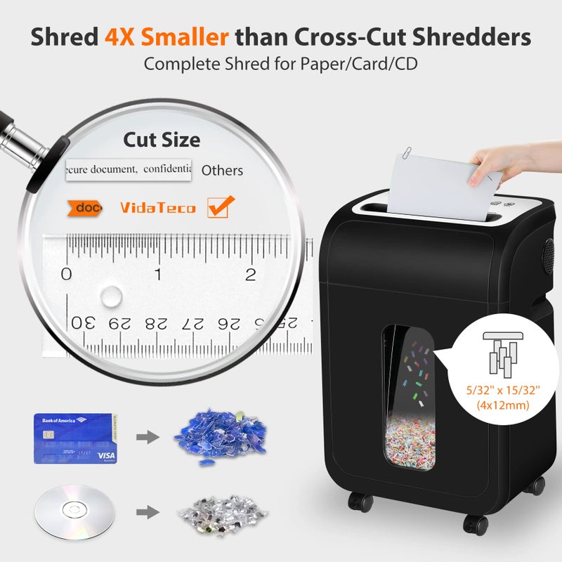 VidaTeco 14-Sheet Paper Shredder for Home Office Heavy Duty with 60 Mins Running Micro Cut, US Patented Blade, Shred Card/CD/Clip/Staple, 5.3-Gal Pullout Bin, AUTO Jam Proof(ETL) - Image 2