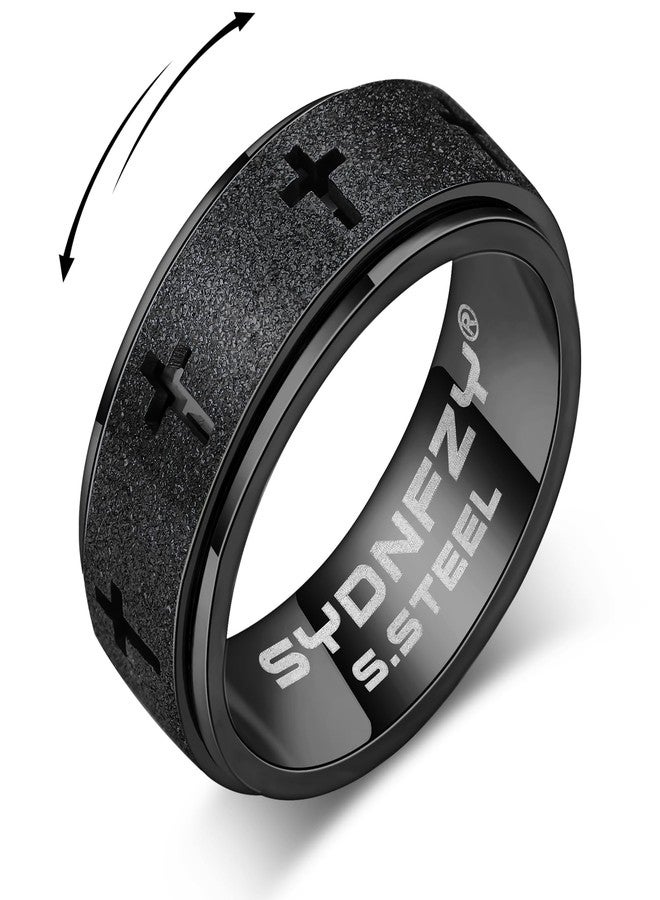 SYDNFZY Anxiety Spinner Ring for Men - Stainless Steel Fidget Spinner Ring, Band Cross Thumb Roating Rings for Stress Relief 8mm Anxiety Relieve Fidget Toys for Adults Ring Size 6 7 8 9 10 11 (Black, 8) - Image 1