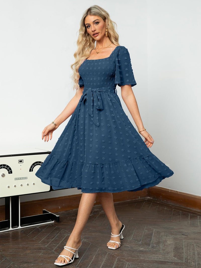 Amegoya Women's Summer Boho Wedding Guest Midi Dress Casual Short Sleeve Square Neck Swiss Dot Smocked Flowy Maxi Dress (Navy Blue S) - Image 3