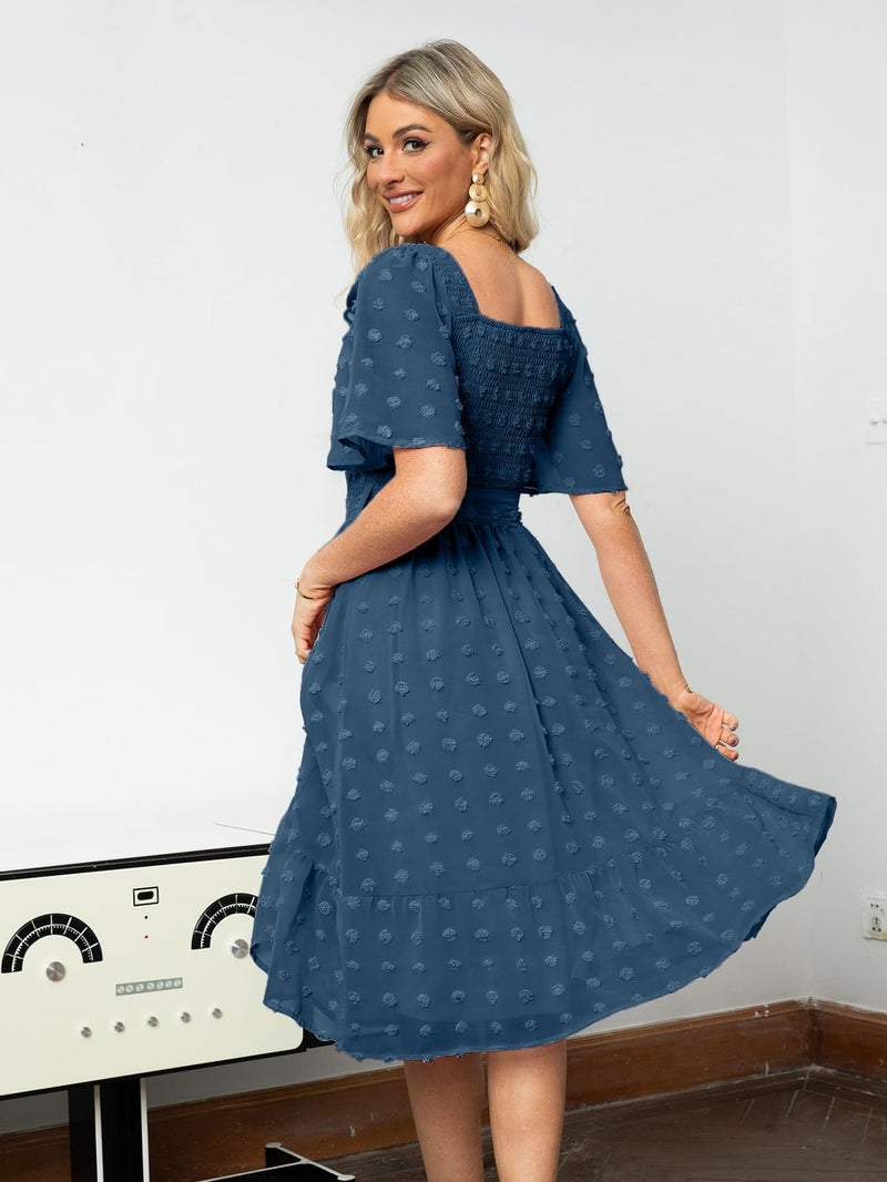 Amegoya Women's Summer Boho Wedding Guest Midi Dress Casual Short Sleeve Square Neck Swiss Dot Smocked Flowy Maxi Dress (Navy Blue S) - Image 4