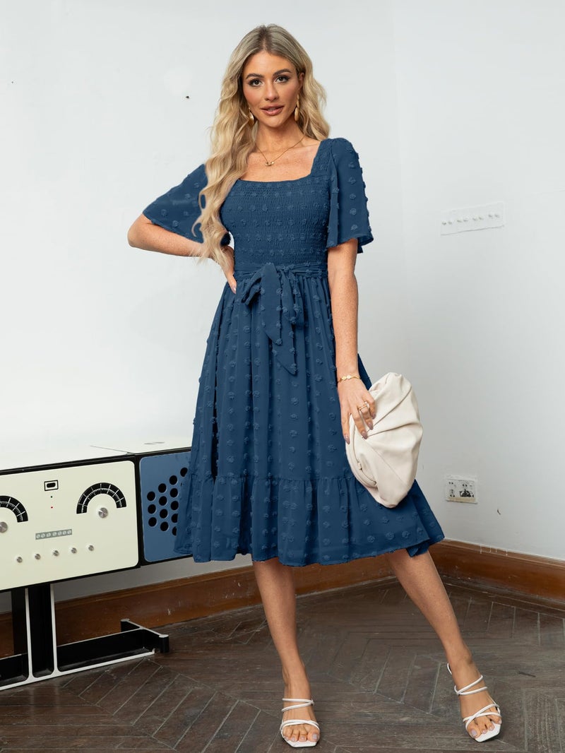 Amegoya Women's Summer Boho Wedding Guest Midi Dress Casual Short Sleeve Square Neck Swiss Dot Smocked Flowy Maxi Dress (Navy Blue S) - Image 2