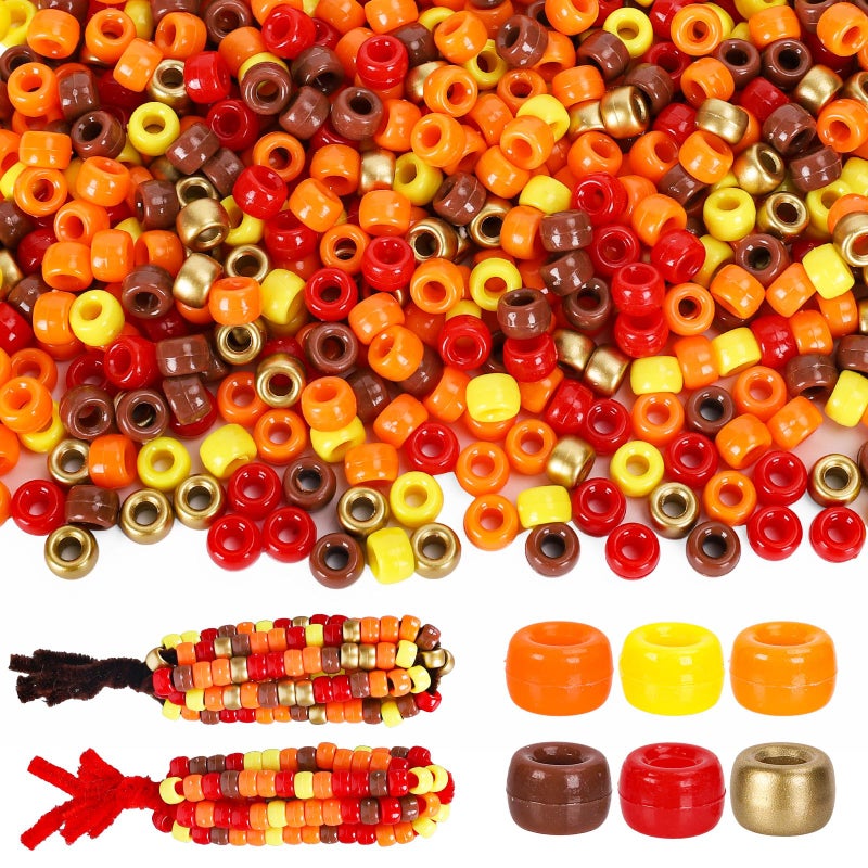 Whaline 1000Pcs Fall Pony Beads with 100Pcs Chenille Stems Pipe Cleaners 6 Colors Autumn Craft Beads Plastic Beads for DIY Craft Necklace Bracelet Jewelry Making Supplies