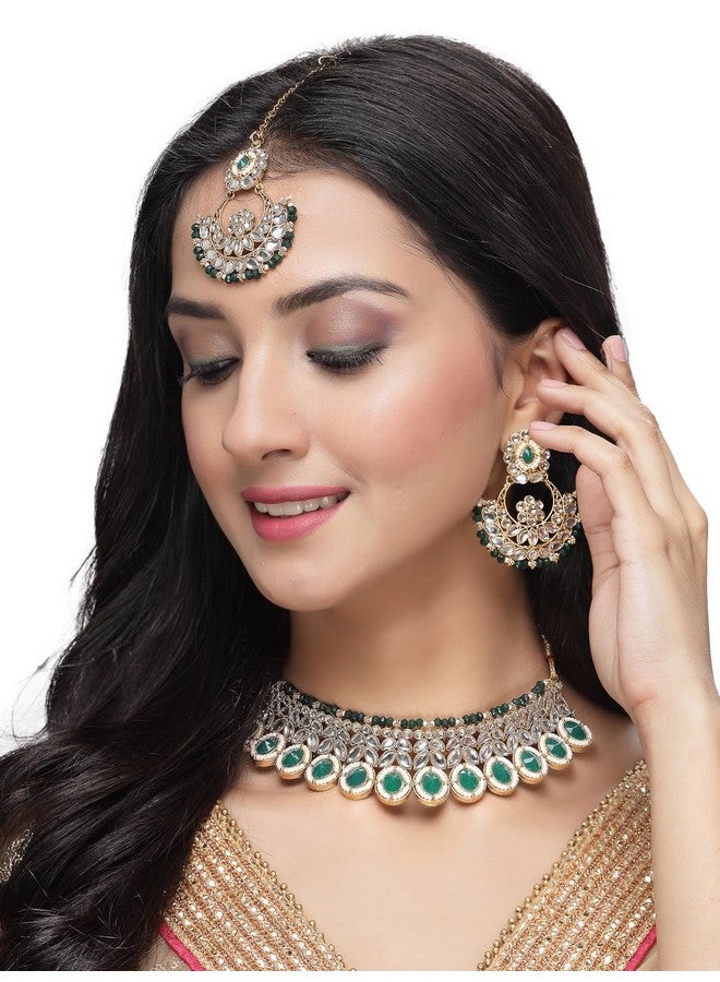 Sukkhi Sophisticated Traditional Looked Green Stone Choker Necklace Set With Chandbali Earring And Mangtikka | Jewellery For Women (NS105652) - Image 2