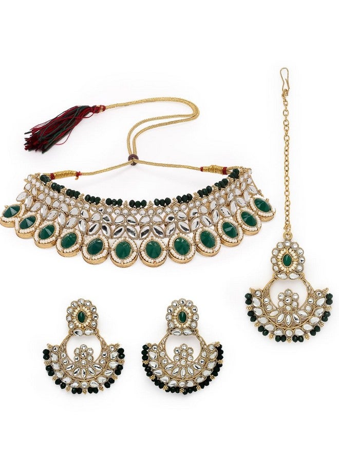 Sukkhi Sophisticated Traditional Looked Green Stone Choker Necklace Set With Chandbali Earring And Mangtikka | Jewellery For Women (NS105652) - Image 1