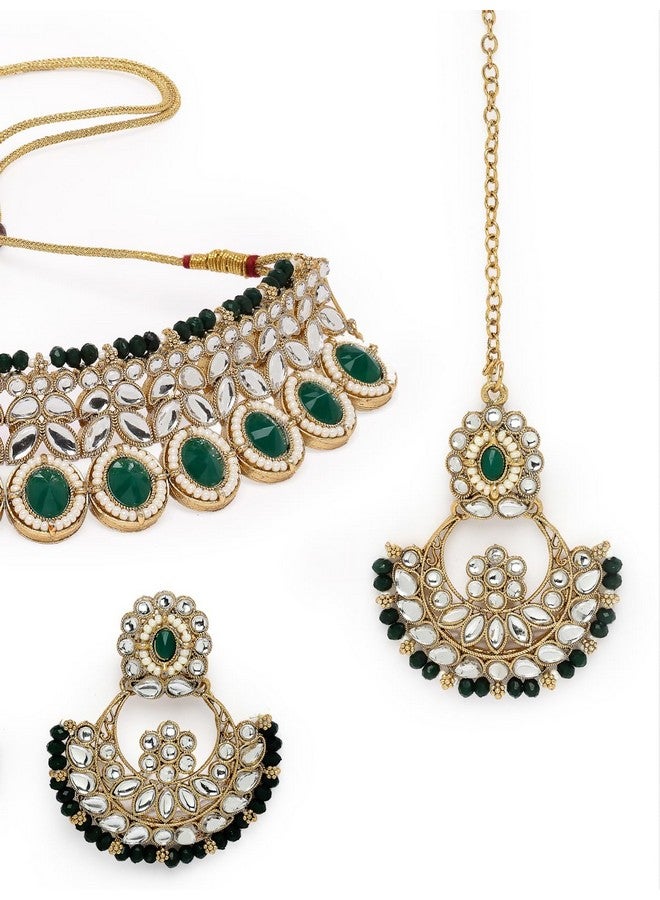 Sukkhi Sophisticated Traditional Looked Green Stone Choker Necklace Set With Chandbali Earring And Mangtikka | Jewellery For Women (NS105652) - Image 5
