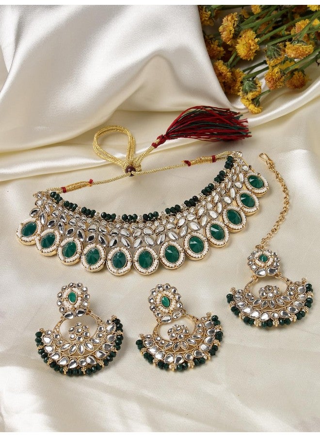 Sukkhi Sophisticated Traditional Looked Green Stone Choker Necklace Set With Chandbali Earring And Mangtikka | Jewellery For Women (NS105652) - Image 3
