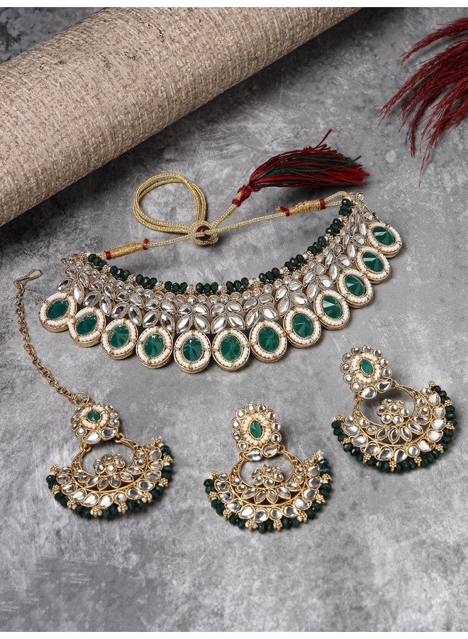 Sukkhi Sophisticated Traditional Looked Green Stone Choker Necklace Set With Chandbali Earring And Mangtikka | Jewellery For Women (NS105652) - Image 4