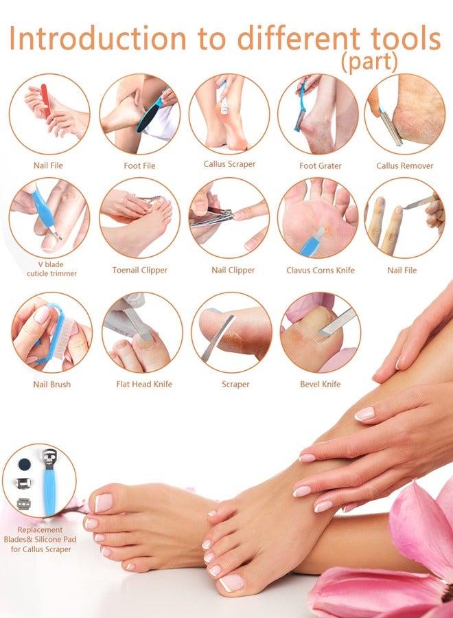 بونيتو مجموعة أدوات العناية بالقدمين الاحترافية 20 في 1، مجموعة أدوات العناية بالقدمين الاحترافية، مجموعة أدوات العناية بالقدمين من الفولاذ المقاوم للصدأ، مجموعة أدوات إزالة الجلد الميت للرجال والنساء للرجال أو النساء أفضل هدية منزلية (أزرق) - Image 2