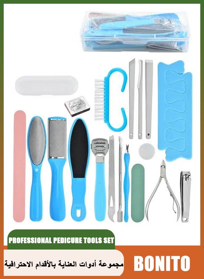 بونيتو مجموعة أدوات العناية بالقدمين الاحترافية 20 في 1، مجموعة أدوات العناية بالقدمين الاحترافية، مجموعة أدوات العناية بالقدمين من الفولاذ المقاوم للصدأ، مجموعة أدوات إزالة الجلد الميت للرجال والنساء للرجال أو النساء أفضل هدية منزلية (أزرق) - Image 1